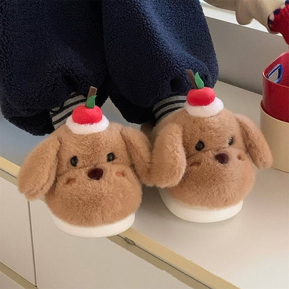 Cute brown dog plush slippers with floppy ears and apple topper, fuzzy indoor shoes with EVA sole