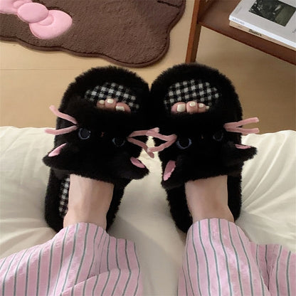 Cute black cat plush slippers with pink 3D whiskers and houndstooth footbed, fuzzy indoor shoes with EVA sole