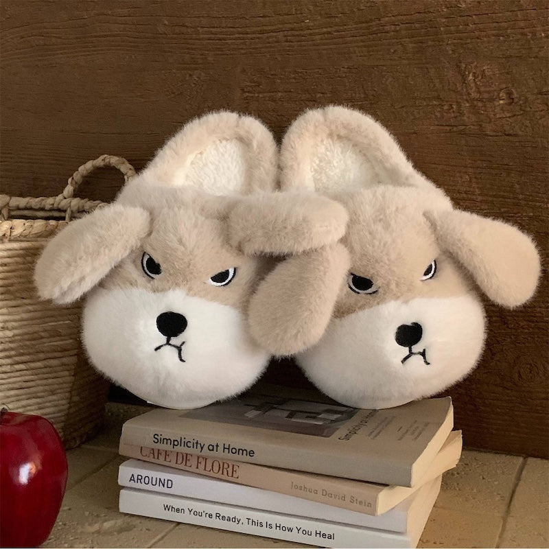 Cute khaki dog plush slippers with floppy ears and winking face, fuzzy indoor shoes with EVA sole