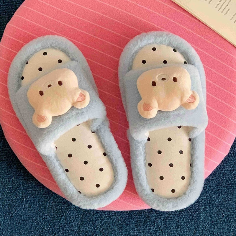 Cute sky blue fuzzy slide slippers with 3D bear charm and polka dot footbed, indoor shoes with EVA sole