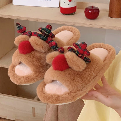 Cute light brown Christmas reindeer plush slippers with plaid ribbon antlers and red nose, fuzzy indoor shoes with PVC sole