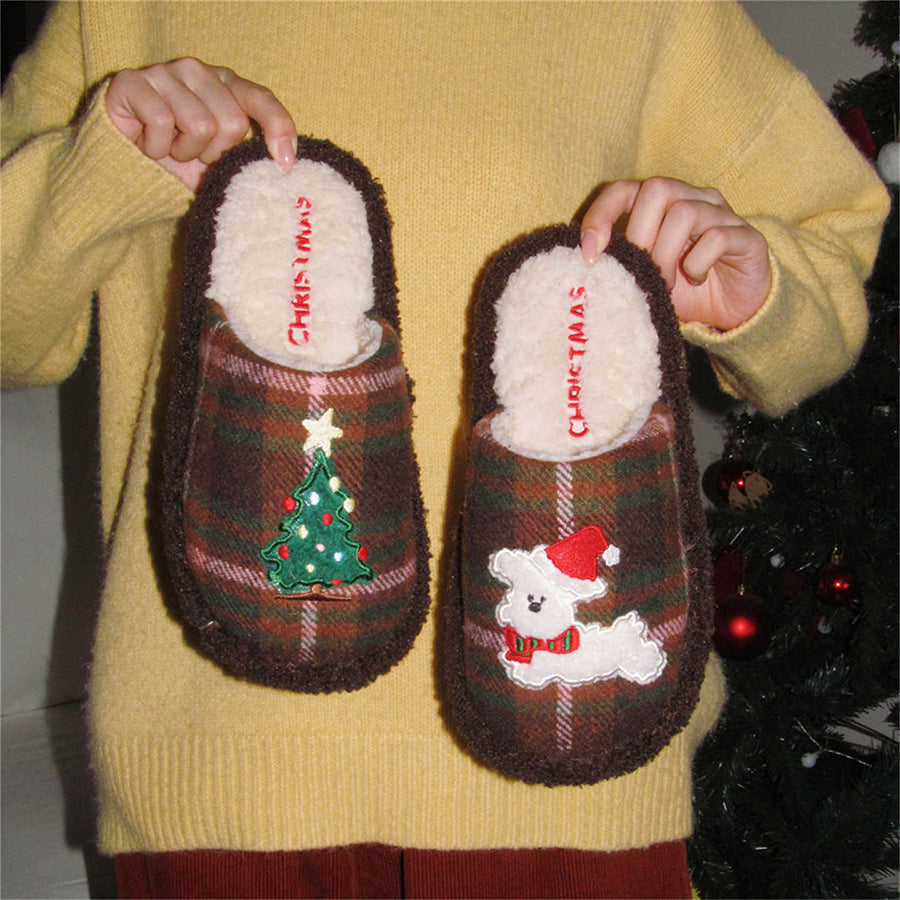 Autumn/Winter Cute Cartoon Dog & Tree Christmas Slippers