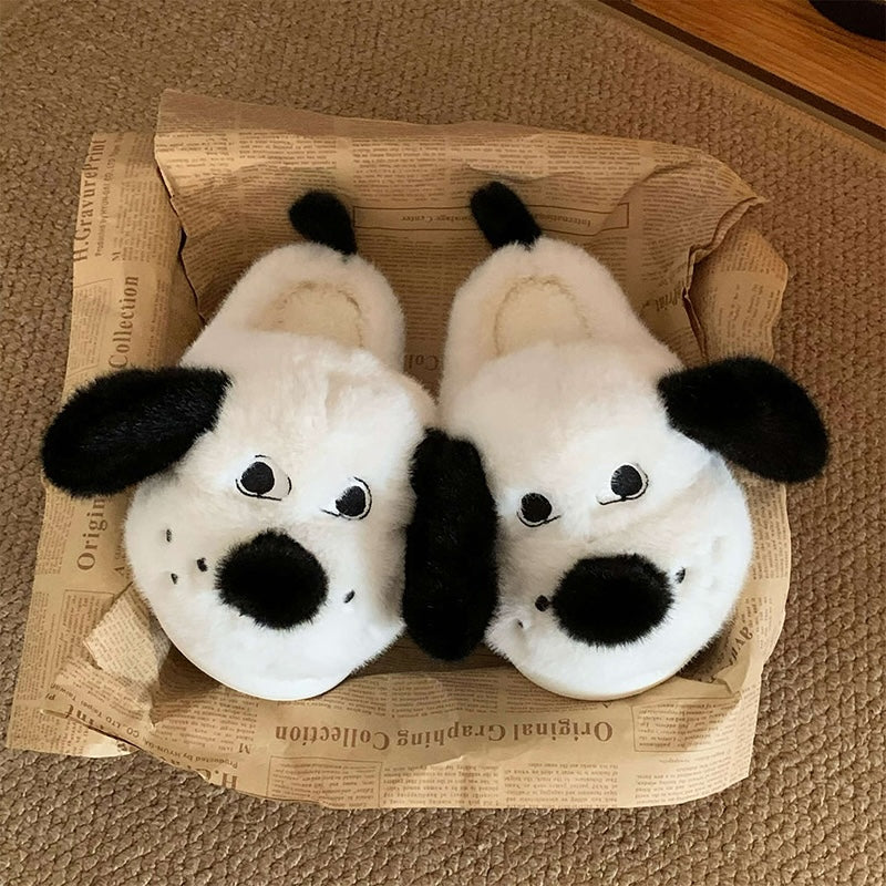 Cute white dog plush slippers with black floppy ears, black nose, and tail, fuzzy indoor shoes with EVA sole