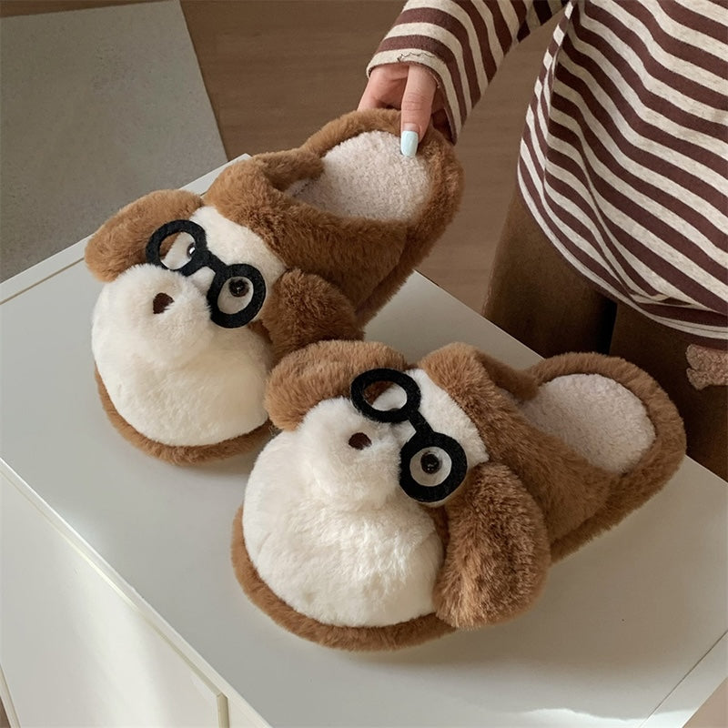 Cute brown monkey plush slide slippers with black glasses and white muzzle, indoor shoes with EVA sole