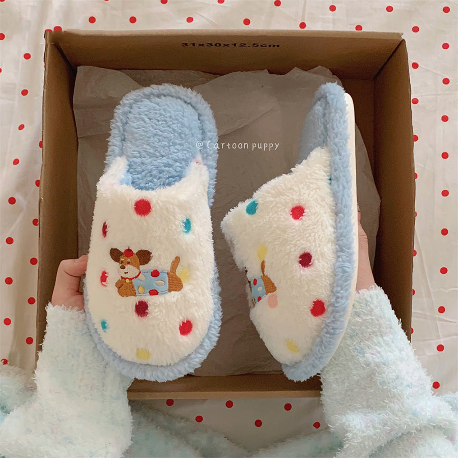 Autumn/Winter Cute Cartoon Polka Dot Embroidery Dachshund Dog Slippers