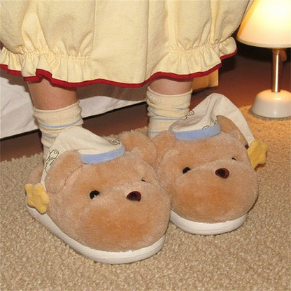 Cute khaki bear plush slippers with blue and white fabric hat and star charm, indoor shoes with EVA sole