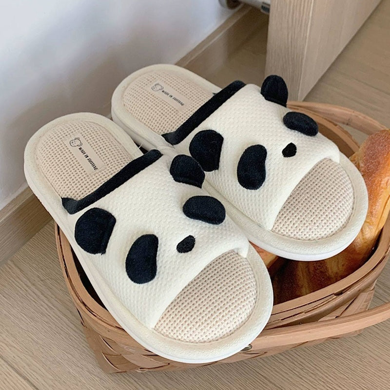 Cute white panda face linen slippers with black ears and eyes, breathable fabric indoor shoes with PVC sole