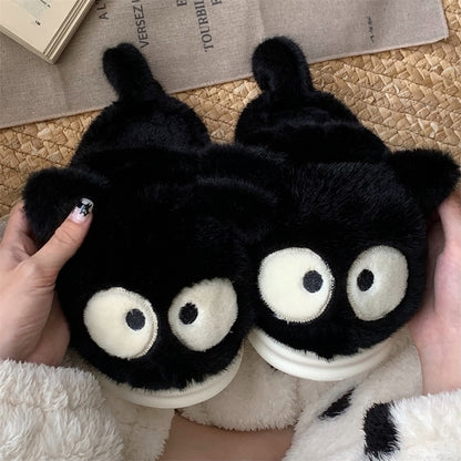 Cute black cat plush slippers with big googly eyes and tail, closed-back fuzzy indoor shoes with EVA sole