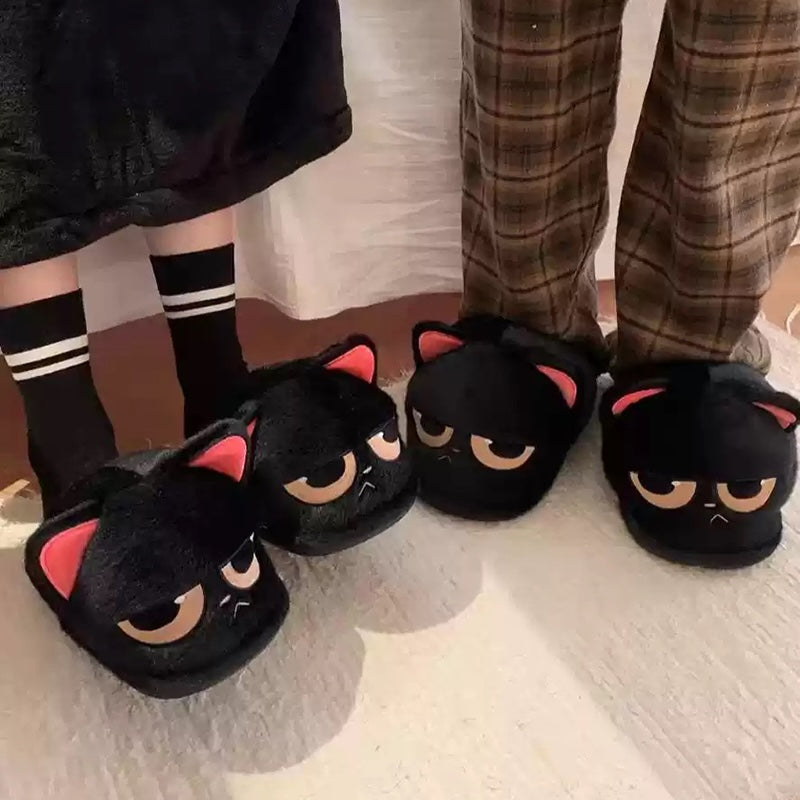 Cute black cat plush slippers with half-closed eyes and pink inner ears, fuzzy indoor shoes