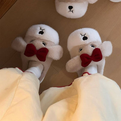 Cute khaki dog plush slippers with floppy ears, closed eyes, and removable red bow, fuzzy indoor shoes with EVA sole