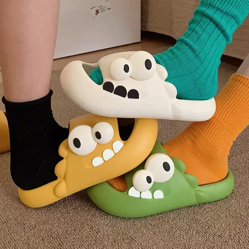 Cute green dinosaur EVA slide sandals with big eyes and teeth, lightweight indoor slip-on shoes
