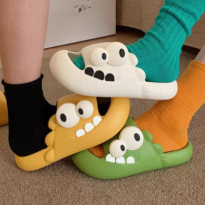 Cute green dinosaur EVA slide sandals with big eyes and teeth, lightweight indoor slip-on shoes