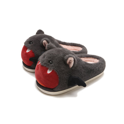 Cute gray Halloween bat plush slippers with red open mouth, white fangs, and bat wings, fuzzy indoor shoes with PVC sole