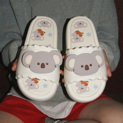 Cute milky white koala print EVA slide sandals with 3D koala face, ruffled trim, and star print footbed, all-EVA indoor slip-on shoes