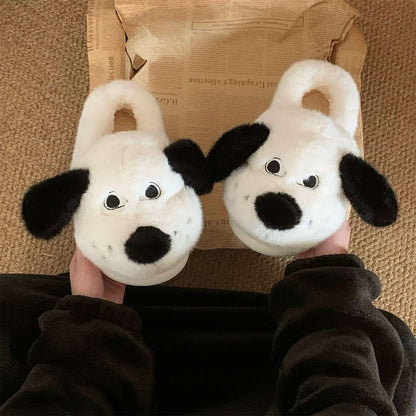 Cute white dog plush slippers with black floppy ears and black nose, closed-back fuzzy indoor shoes with EVA sole