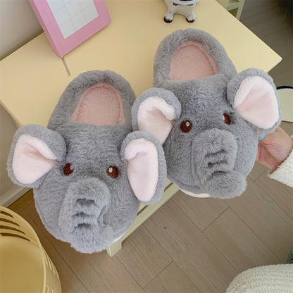 Cute grey elephant plush slippers with pink inner ears and trunk, closed-back fuzzy indoor shoes with EVA sole