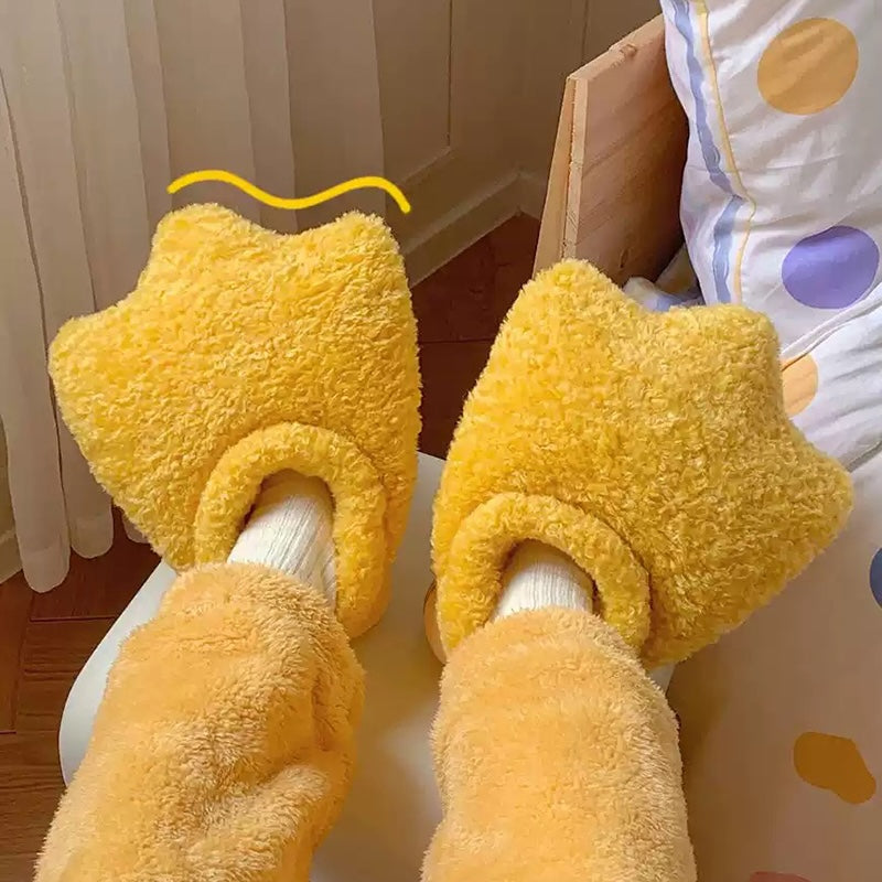 Cute yellow duck webbed foot plush slippers with high ankle cuff and fleece texture, indoor shoes