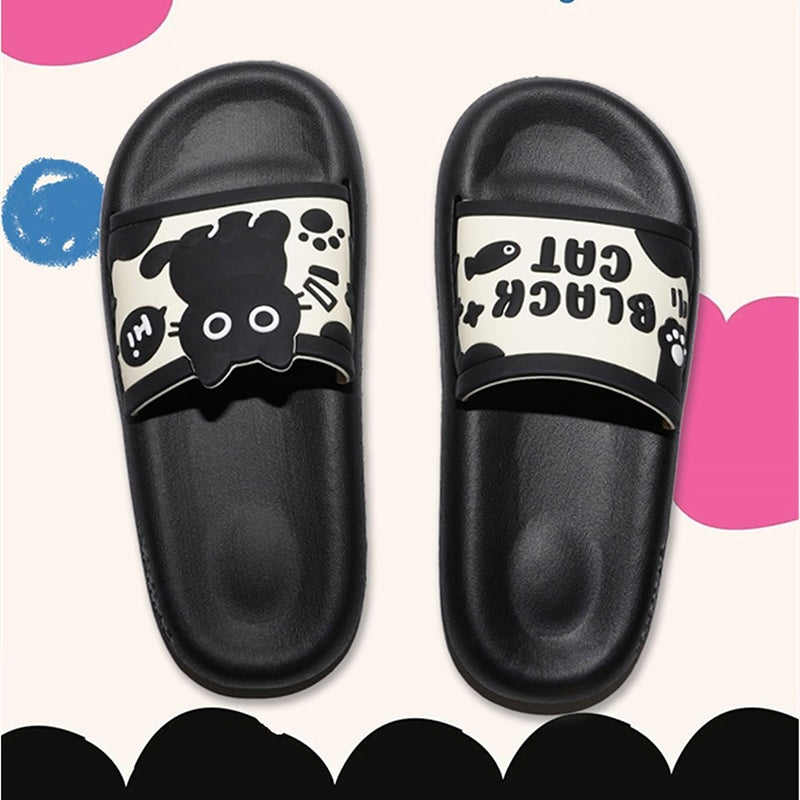 Cute black cat print EVA slide sandals with "Hi" bubble and text, all-EVA slip-on shoes for indoor and outdoor