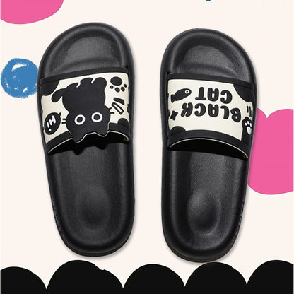 Cute black cat print EVA slide sandals with "Hi" bubble and text, all-EVA slip-on shoes for indoor and outdoor