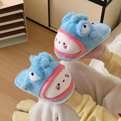 Cute blue fish and cat plush slippers with big fish eyes and pink trim, fuzzy indoor shoes with PVC sole