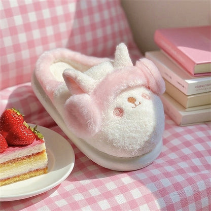 Cute white and pink bunny plush slippers with fuzzy earmuffs and pink blush cheeks, indoor shoes with EVA sole