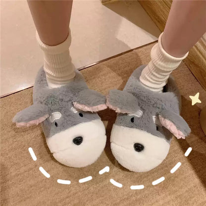 Cute grey and white dog plush slippers with large floppy ears and pink inner lining, fuzzy indoor shoes with TPR sole