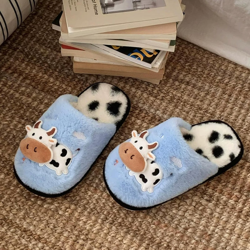 Cute sky blue cow print plush slippers with cow spot footbed and cartoon patch, indoor shoes with PVC sole