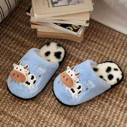 Cute sky blue cow print plush slippers with cow spot footbed and cartoon patch, indoor shoes with PVC sole