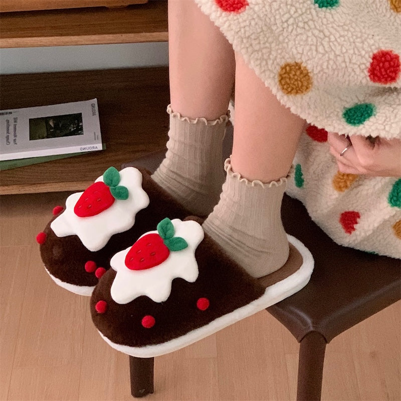 Cute brown strawberry cake design plush slippers with cream topping and red strawberry, indoor shoes with PVC sole