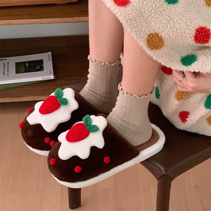 Cute brown strawberry cake design plush slippers with cream topping and red strawberry, indoor shoes with PVC sole