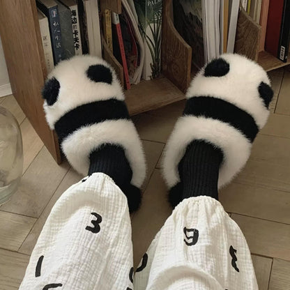 Cute black and white panda block plush slippers with pom-pom nose and tail, fuzzy indoor shoes with EVA sole