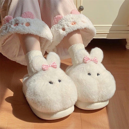 Cute white bunny plush slippers with bow on ear and black dot eyes, closed-back fuzzy indoor shoes with EVA sole