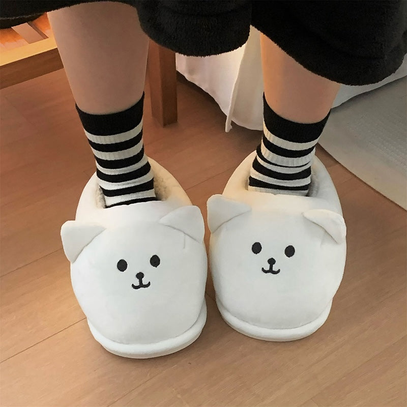 Cute white bear face bootie slippers with 3D ears and embroidered smile, fuzzy indoor shoes with PVC sole