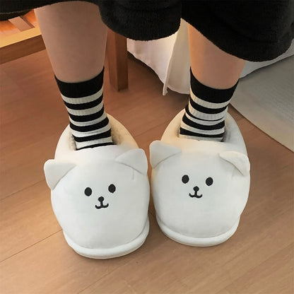 Cute white bear face bootie slippers with 3D ears and embroidered smile, fuzzy indoor shoes with PVC sole