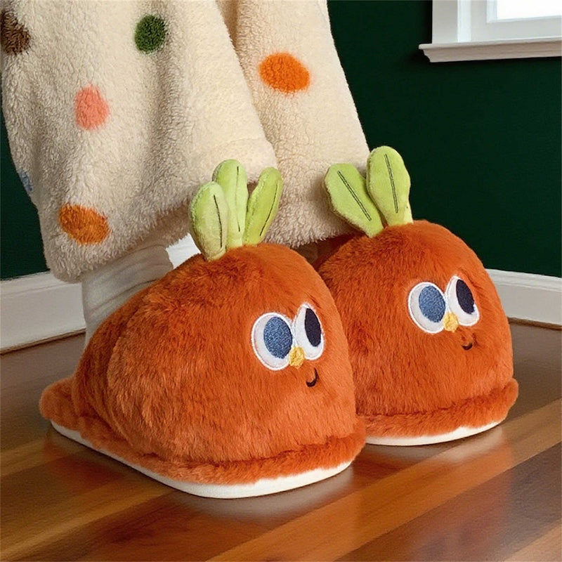 Cute orange carrot plush slippers with green top leaves and big eyes, closed-back fuzzy indoor shoes with PVC sole