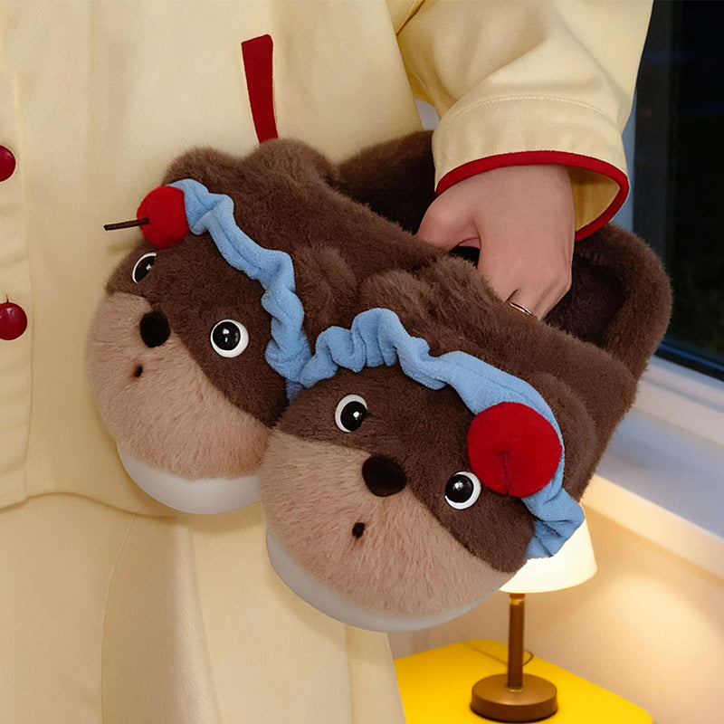 Cute brown bear plush slippers with blue ruffled headband and cherry topper, fuzzy indoor shoes with EVA sole