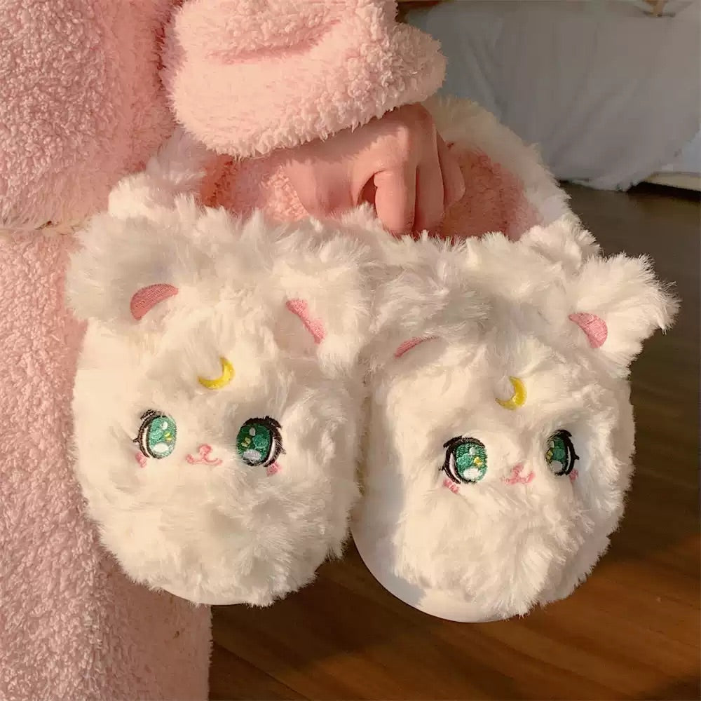 Cute white fluffy cat plush slippers with green eyes and pink nose, fuzzy indoor shoes with EVA sole
