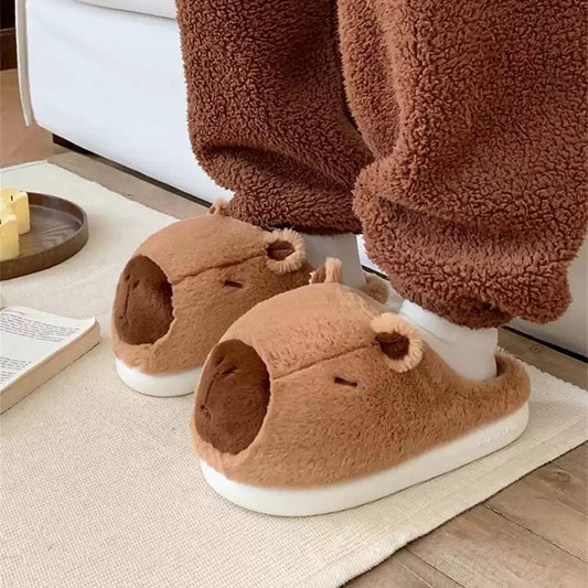 Cute brown capybara plush slippers with simple line eyes and round ears, fuzzy indoor shoes with EVA sole