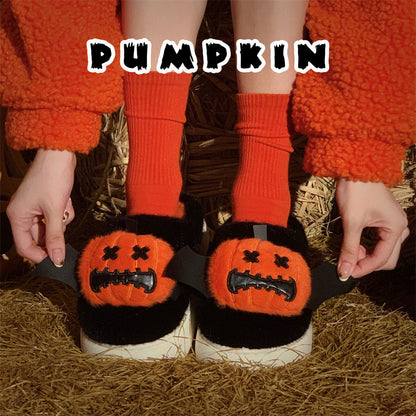 Cute black Halloween pumpkin plush slippers with bat wings and stitched face, fuzzy indoor shoes with EVA sole