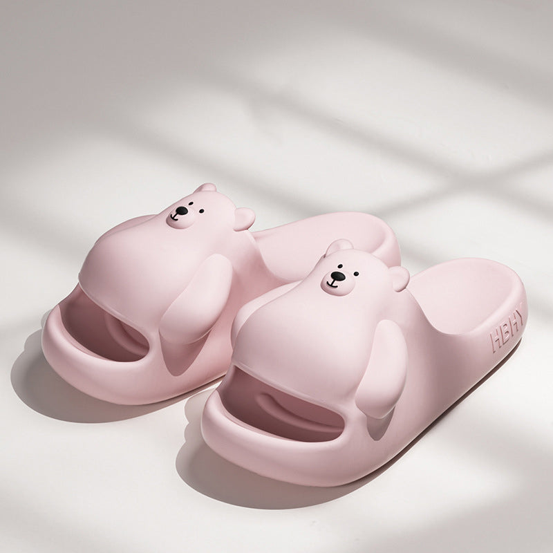 Cute pink 3D bear EVA slide sandals with round ears and hugging arms, lightweight indoor shoes