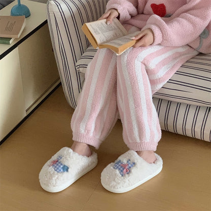 Cute White bunny plush slippers with blue gingham bows and straps, fuzzy indoor shoes with EVA sole