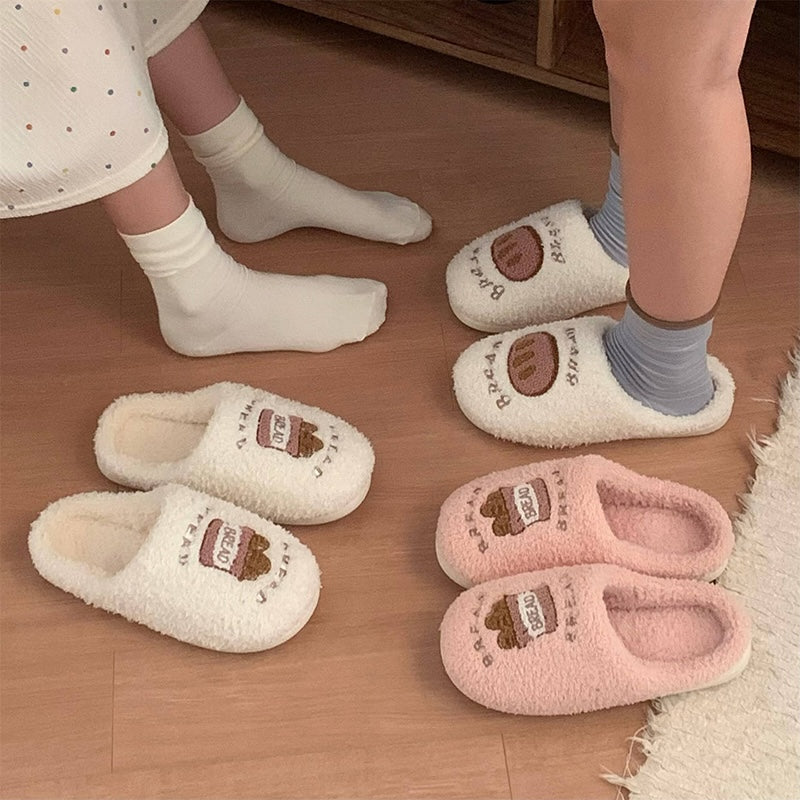 Cute pink plush slippers with embroidered baguette patch, fuzzy indoor shoes with EVA sole