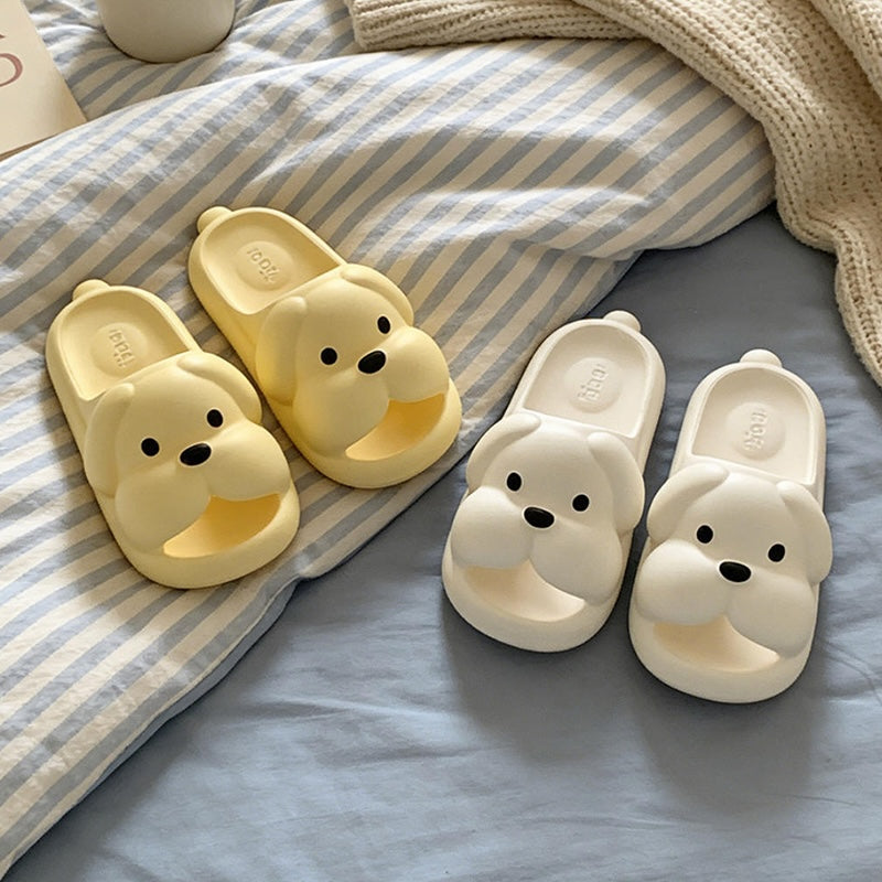 Cute yellow 3D dog EVA slide sandals with big nose and floppy ears, lightweight indoor slip-on shoes