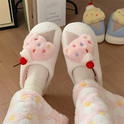 Cute pink cherry ice cream plush slippers with fluffy scoop, colorful sprinkles, and cherry topper, fuzzy indoor shoes with EVA sole