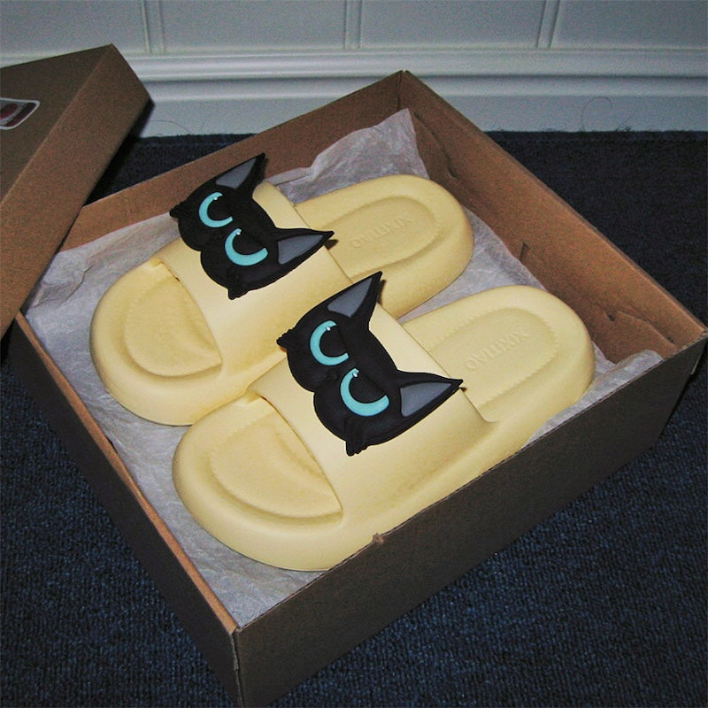 Cute yellow EVA cat face slide sandals with 3D blue eyes, summer slippers for indoor and outdoor