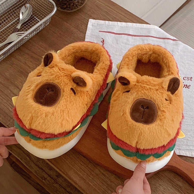 Cute burger capybara plush slippers with layered lettuce and meat design, fuzzy indoor shoes with EVA sole