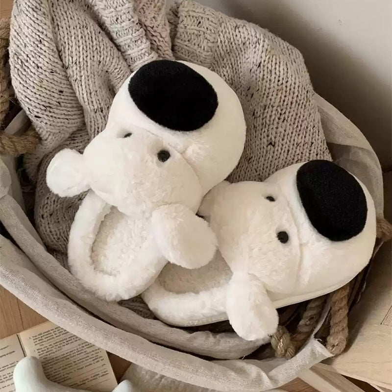 Cute white big nose dog plush slippers with black dot eyes and floppy ears, closed-back fuzzy indoor shoes with EVA sole