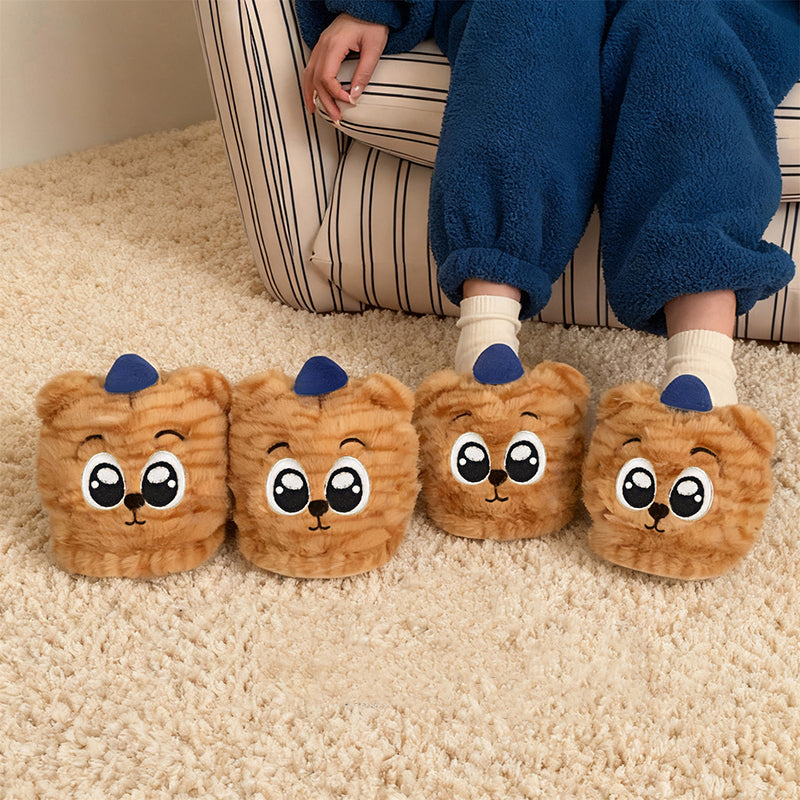 Cute orange striped tiger plush slippers with blue ears and big eyes, closed-back fuzzy indoor shoes with PVC sole