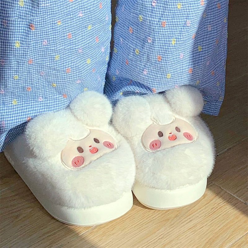 Cute beige sheep plush slippers with round fluffy ears and embroidered face patch, fuzzy indoor shoes with EVA sole