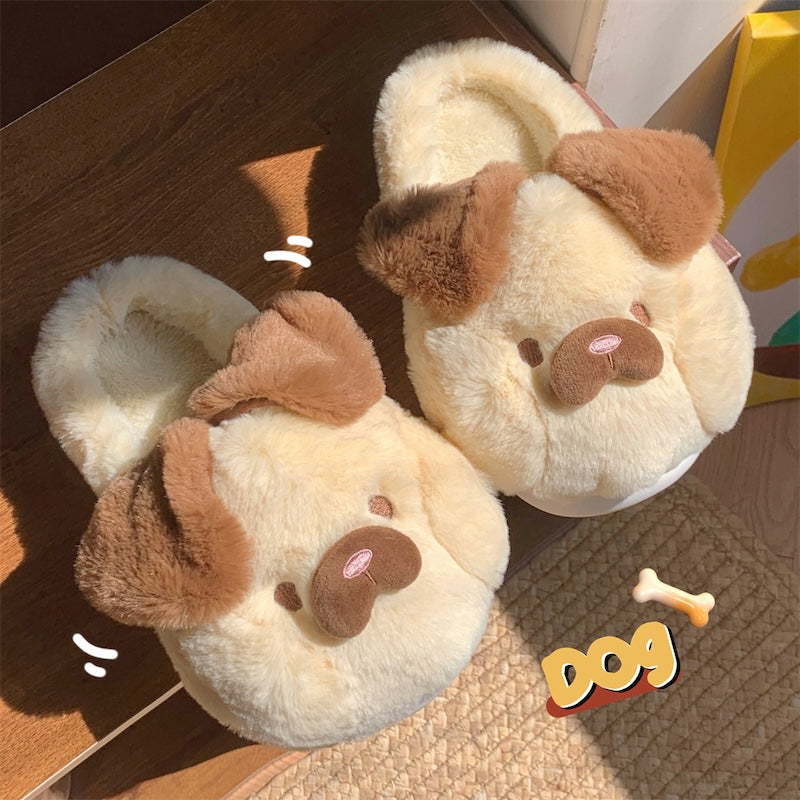 Cute yellow dog plush slippers with brown floppy ears and big nose, fuzzy faux fur indoor shoes with EVA sole